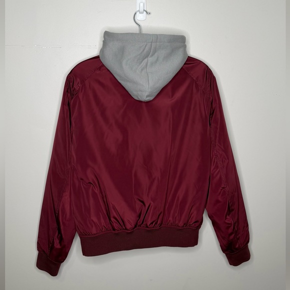Express - Men’s Wine/Burgundy Bomber Jacket Coat Zip Up Gray Hood Small - Picture 7 of 8
